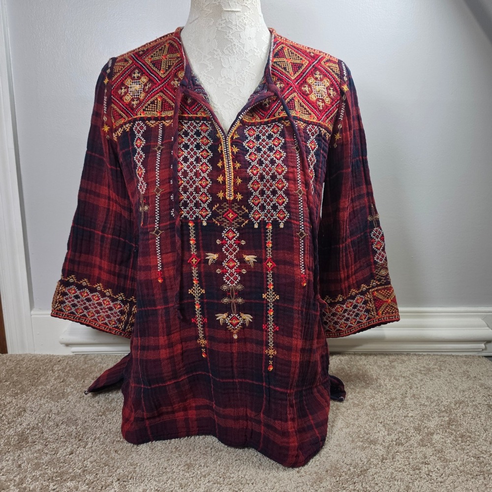 Johnny Was Workshop Tunic Top Red Navy Plaid Embroidered Boho Size S